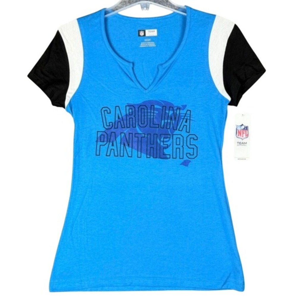 NEW Carolina Panthers Women's Small Blue T-Shirt NFL Team Apparel V-Neck Graphic